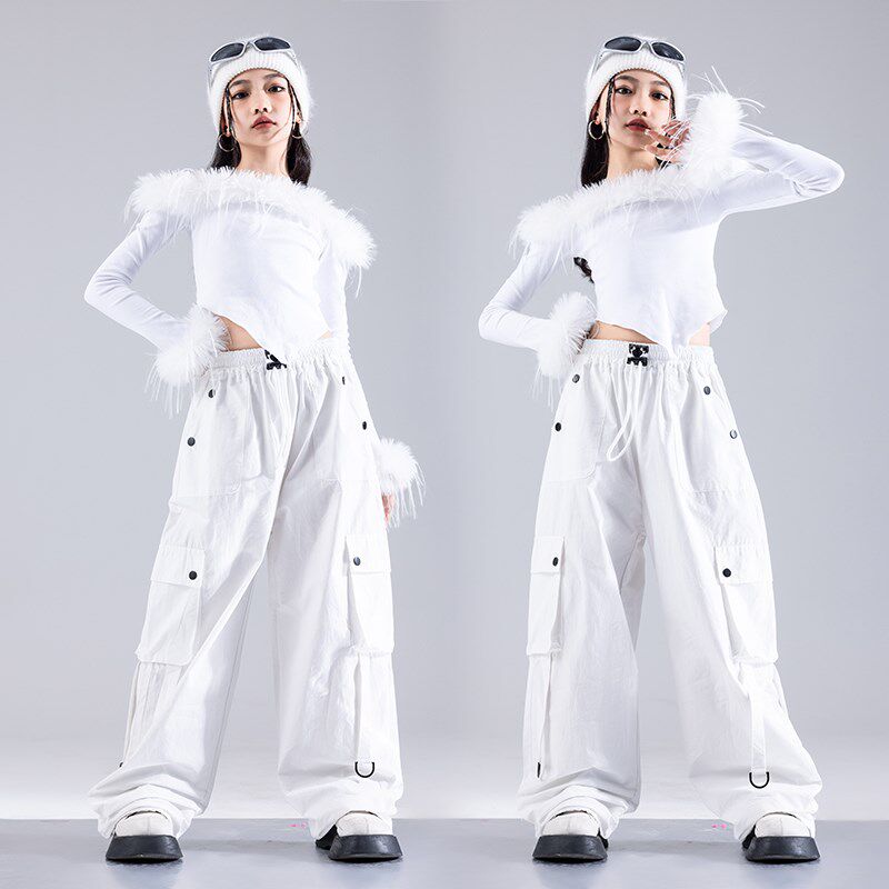 儿童街舞潮服女童爵士舞服装白色嘻哈演出服女孩模特WT台走秀服装