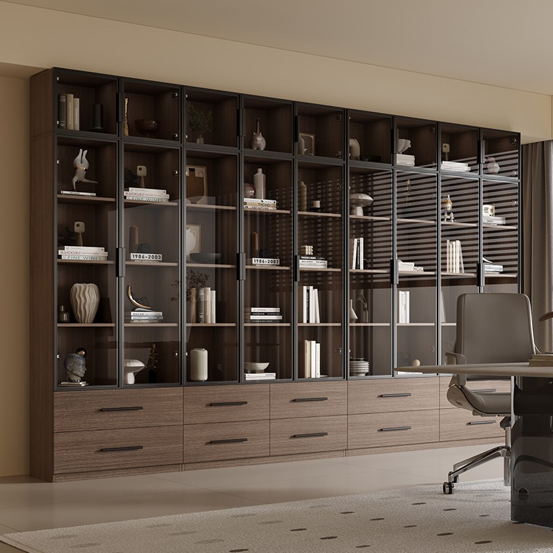 全实木书柜中古风书架中古风客厅家用玻璃门轻奢S酒柜展示柜可定