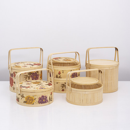 串丝双层单层中秋节装月饼s糕点零食的竹篮子竹包装空礼盒2023新