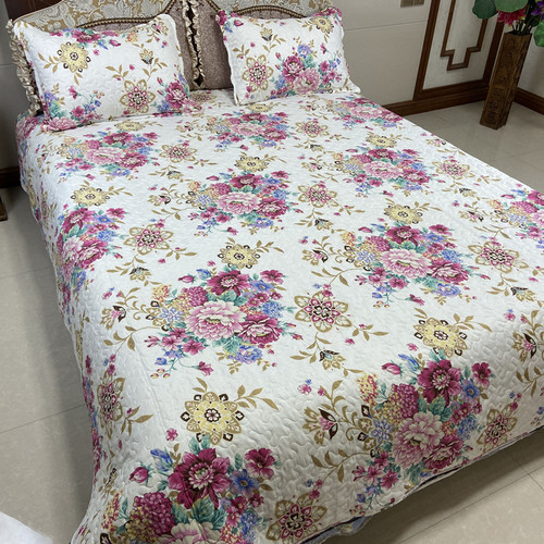 三件套绗缝被220X240夹棉床单床盖加两枕套T双面花型四季可用