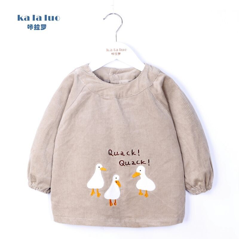 宝宝罩衣秋冬新款灯芯绒吃饭衣儿C童防水反穿衣 男女童围兜围裙