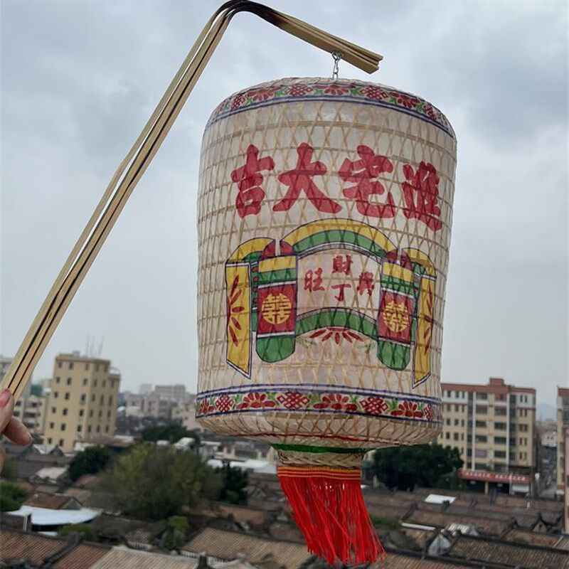 潮汕传统手提灯笼l竹编油纸蜡烛煤油电池发光贺灯营老爷竹手三脚