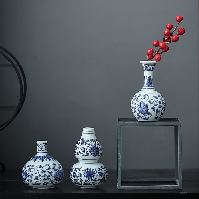 中式复古青花瓷小花瓶客厅茶室插花瓶水培装饰工T艺摆件花插瓶陶
