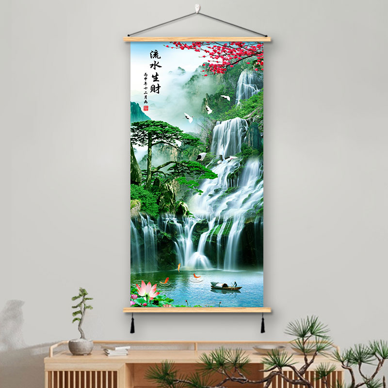 山水风景挂画流i水生财装饰画布艺壁画实木客厅沙发办公室背景墙图片