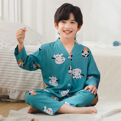 儿童绵绸睡衣夏季男童薄款大童长袖D空调服男孩宝宝棉绸家居服套