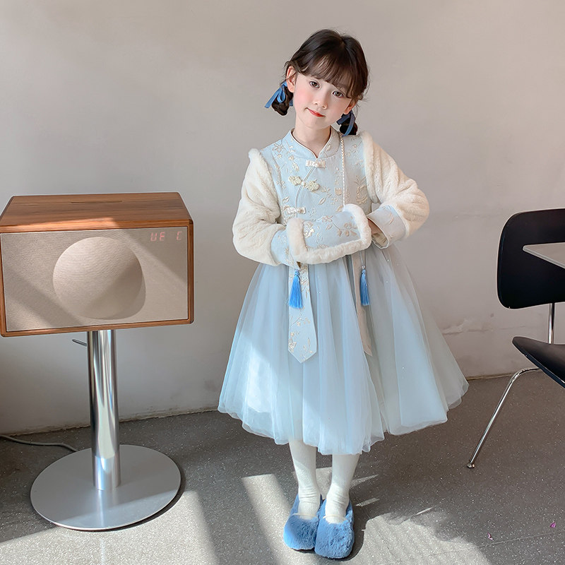 女童旗袍洋装冬季20q23新款加绒秋冬裙子洋派公主裙冬款儿童汉服