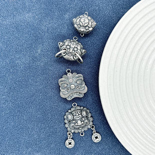 三七银复古老银兽面醒狮神兽挂件吊坠小提溜编绳手链项链挂饰DIY