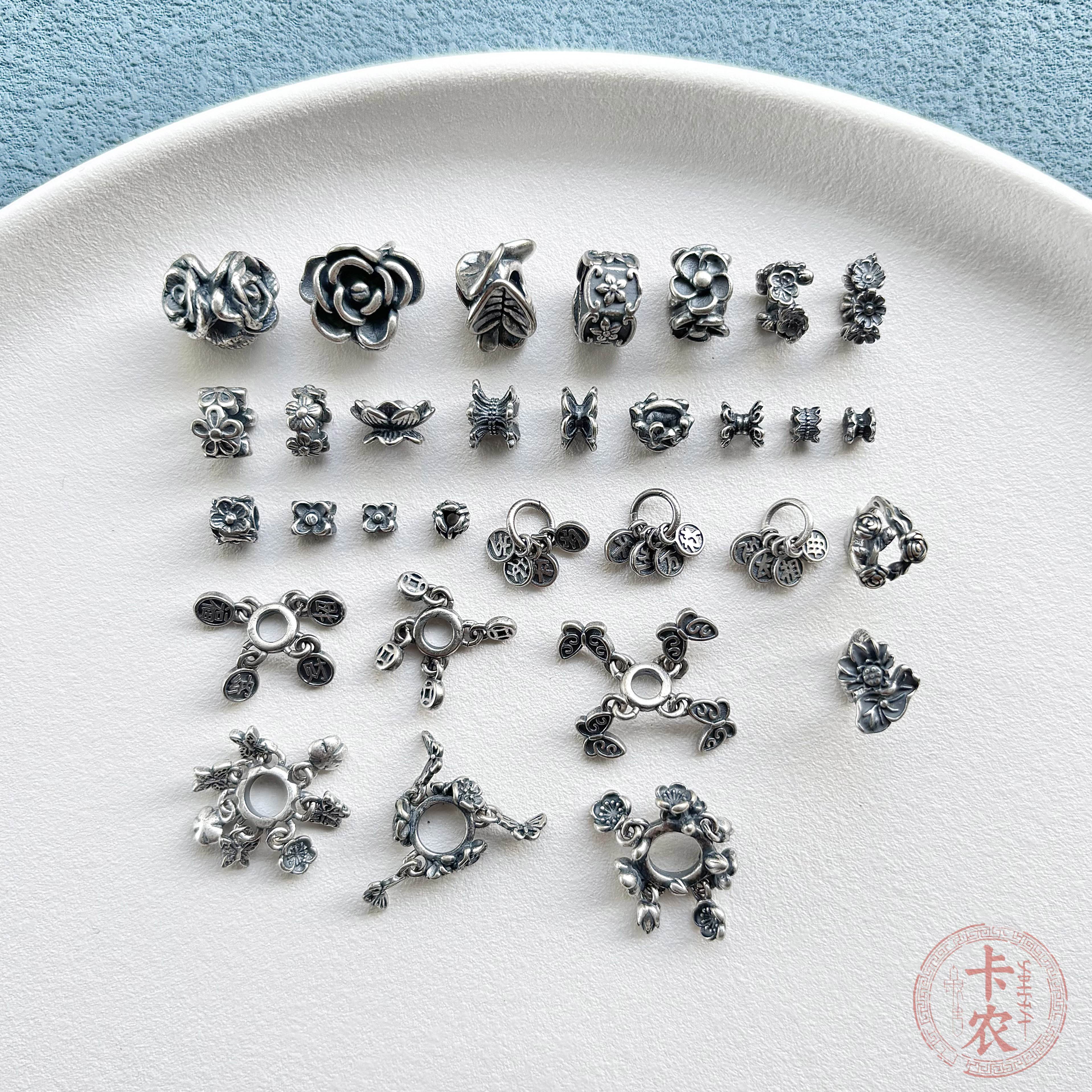 三七银钱币岁岁平安万岁千秋莲花四面小花隔珠吊坠diy饰品配件