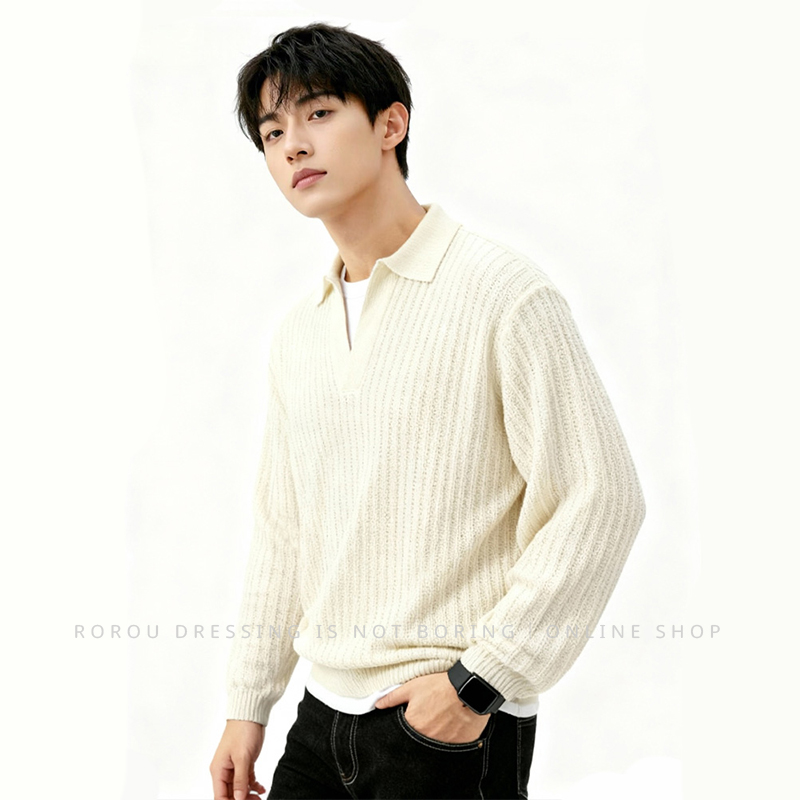 韩版长袖男士t恤基础纯色V领长袖宽松百搭重磅透气针织衫短袖上衣