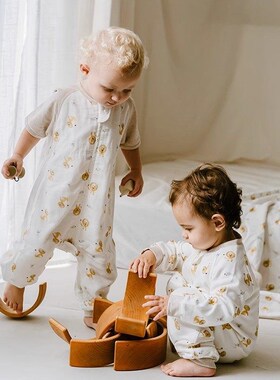 Nest Designs婴儿睡袋春款儿童纱布短袖拼接宝宝分腿睡袋春夏