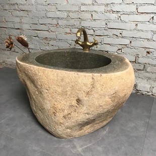天然鹅卵石头拖布池石盆复古拖把桶庭院景观原石槽阳台墩布池水盆