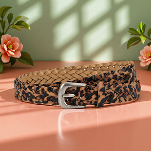 简约时尚豹纹手工编织皮带女款无打孔针扣腰间配饰欧美腰带高级感