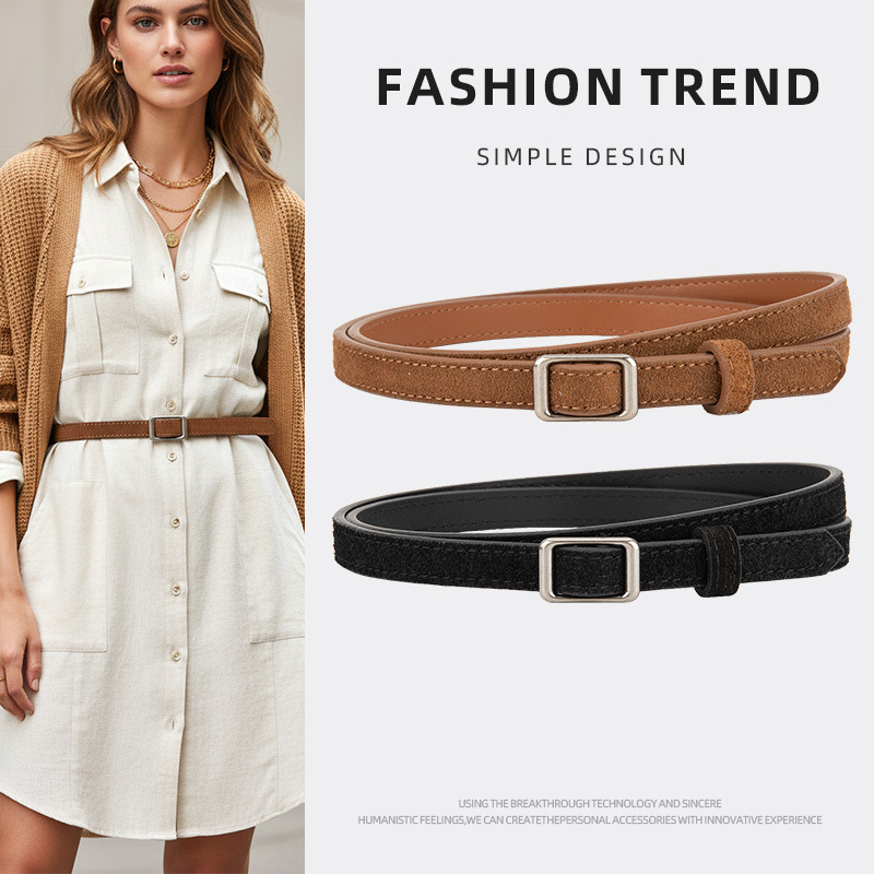 新款磨砂复古真皮女士细腰带时尚