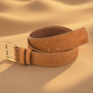 嘟卡丹4.5cm宽边双排针扣腰带姜黄色黄棕色磨砂绒面女款牛皮皮带