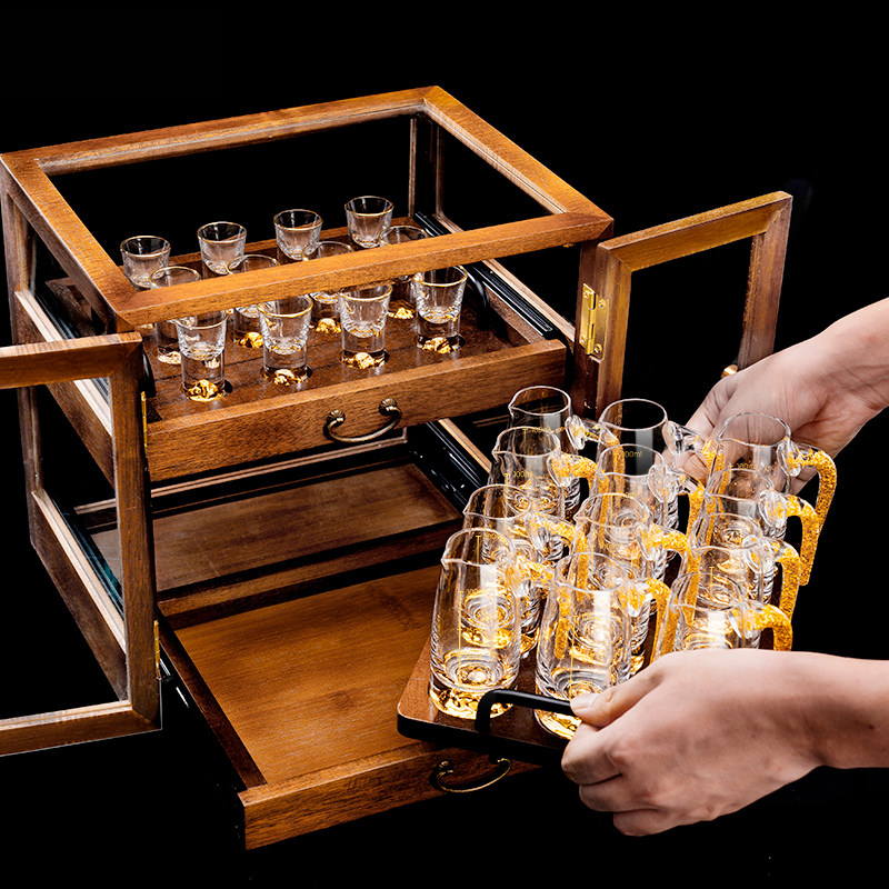 金箔白酒杯分酒器套装带刻度小酒蛊实木玻璃收纳木盒家用送礼