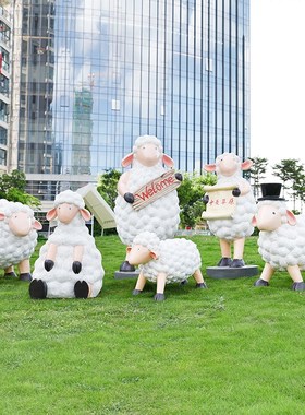 户外园林卡通动物彩色卷毛羊绵羊雕塑幼儿园网红打卡景区引流摆件