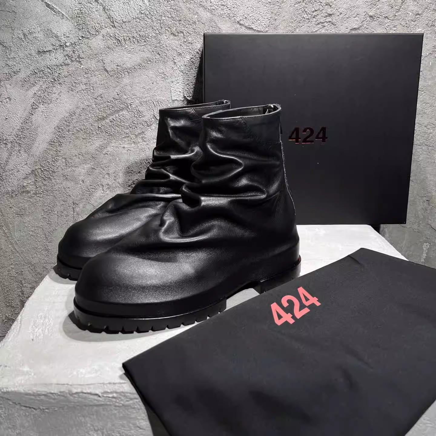 424 on Fairfax暗黑褶皱复古套脚拉链休闲高帮男鞋厚底马丁短靴子