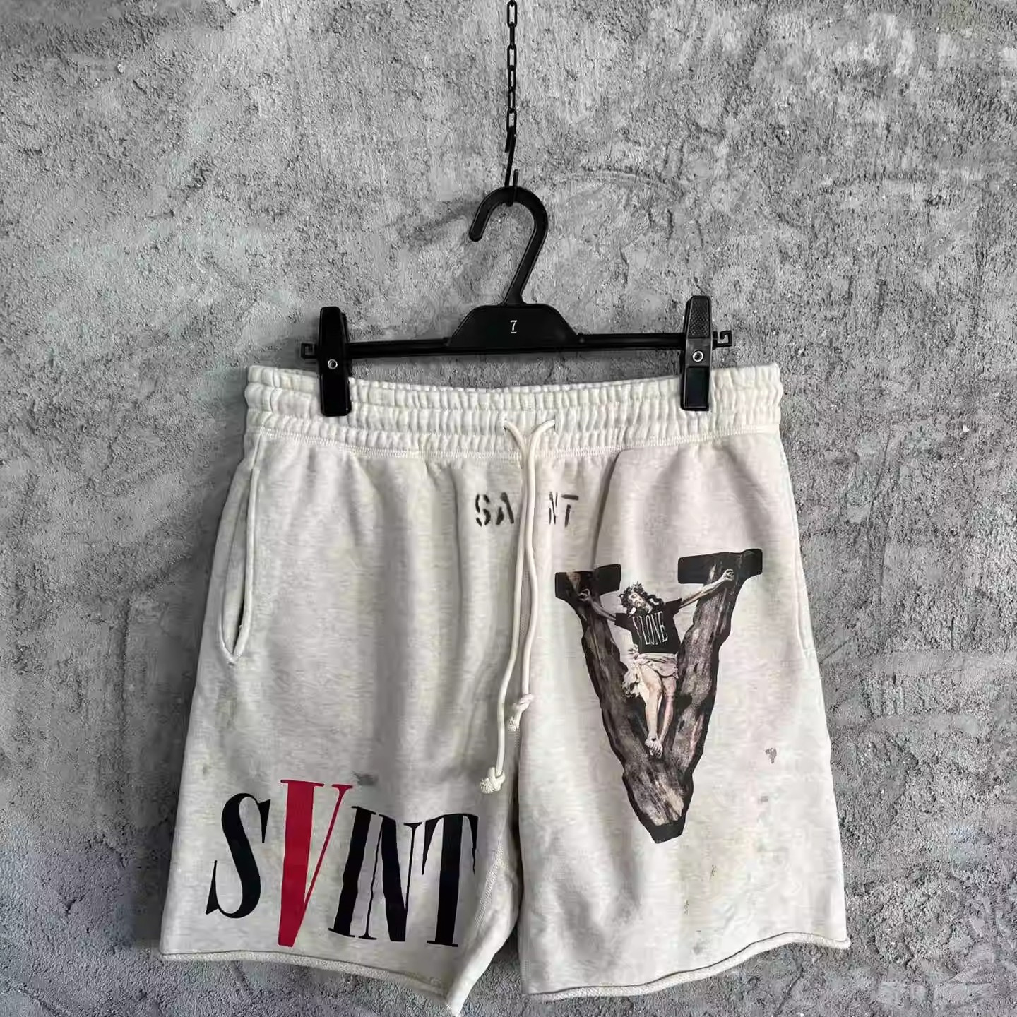 SAINT联名复古vintage涂鸦泼墨抽绳卷边男士短裤高街时尚五分裤潮