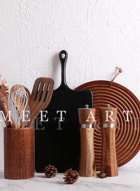 新中式样板间厨房台面饰品 实木砧板餐板蛋糕托盘 软装饰品组合