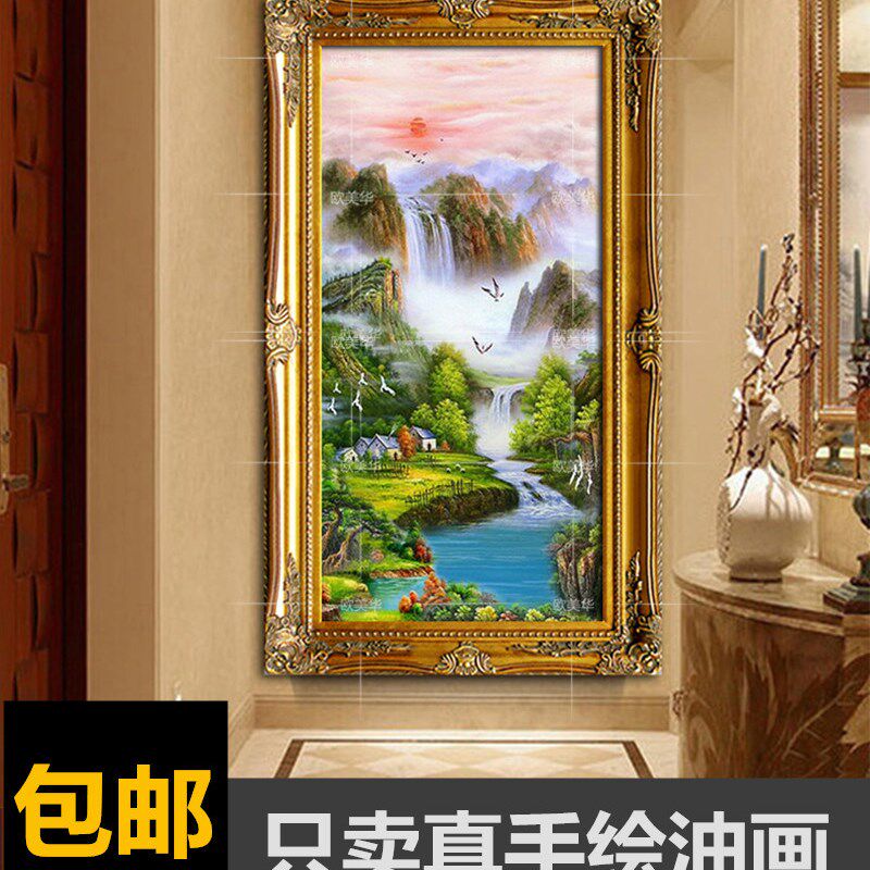 手绘风水聚宝盆山水景玄关走廊过道油画中式简约靠山招财竖版挂画