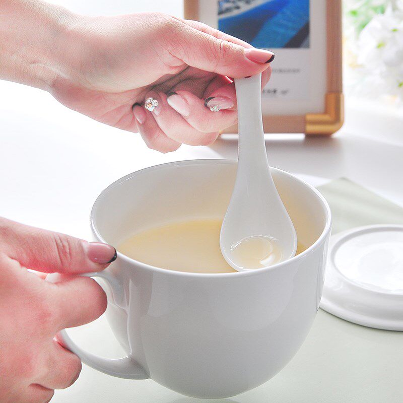 精选骨瓷早餐杯牛奶杯燕麦碗陶瓷带盖带勺可微波炉加热大容量水杯
