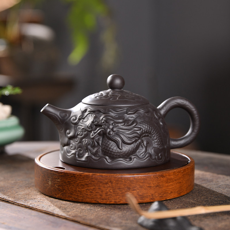 原矿紫砂茶壶浮雕龙凤鸣壶单人功夫茶具家用泡茶壶单壶大号泡茶器