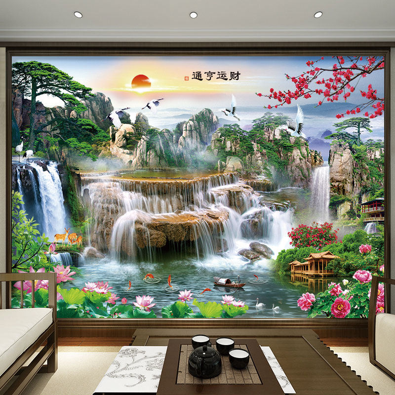 山水画自黏贴纸中式风景画墙贴画客厅沙发背景墙壁画办公室装饰画