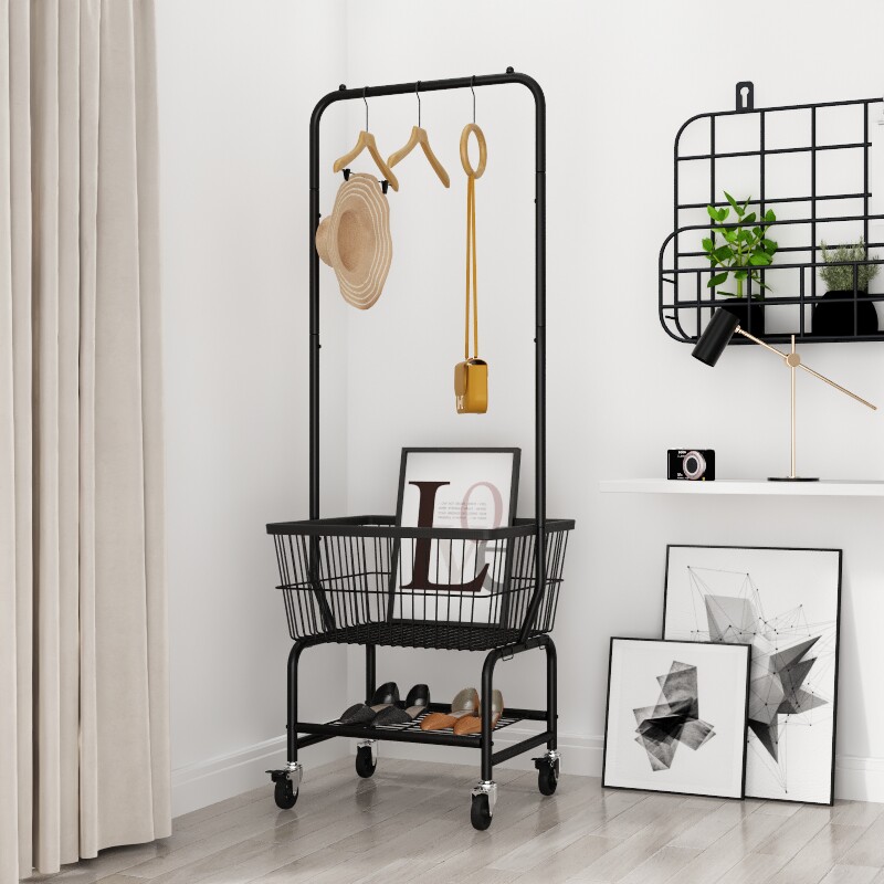 服装店展示陈列架金属简约落地挂衣架可移动推车购物筐置物架收纳