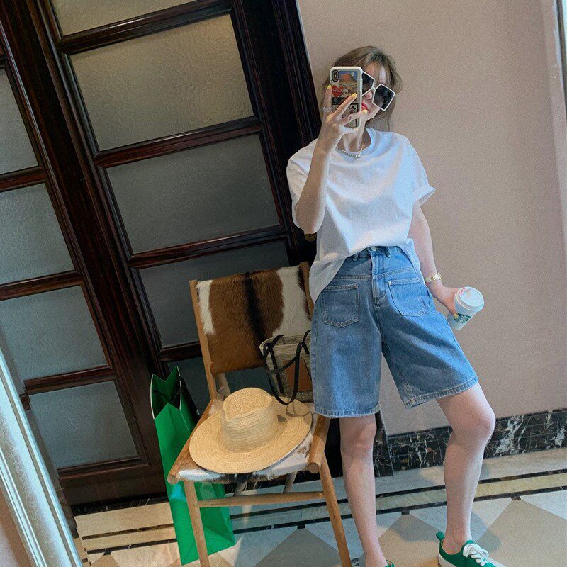 大码女装胖妹妹mm牛仔阔腿短裤夏季薄款高腰宽松显瘦五分裤200斤
