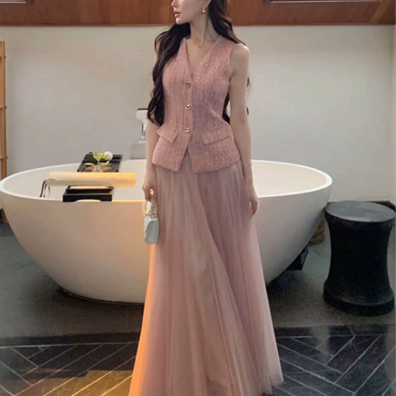 粉色网纱a字裙半身裙仙女2025新款夏纱裙女半身高腰长款显瘦垂感