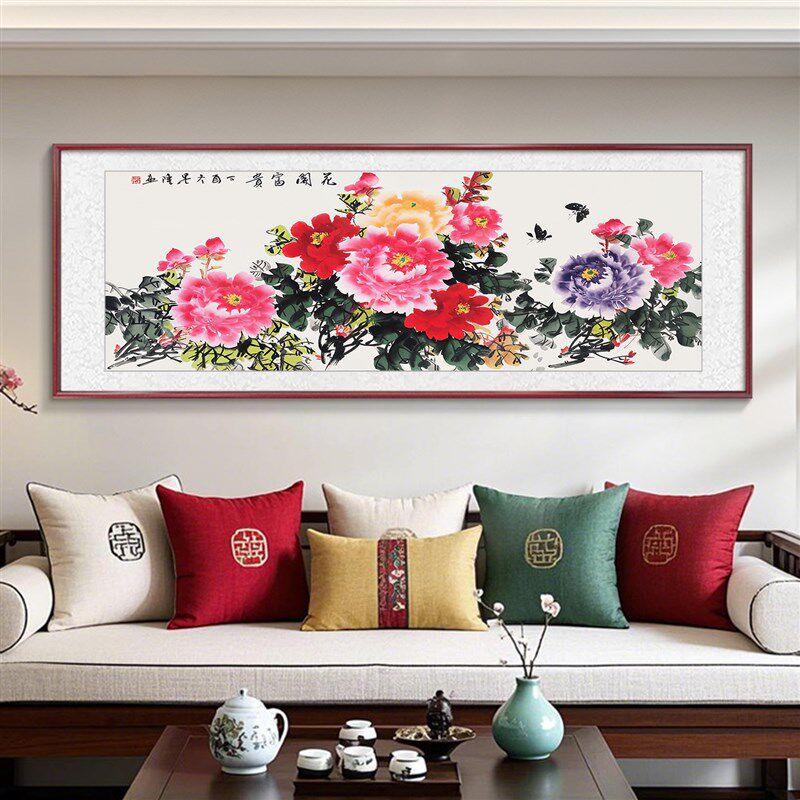 花开富贵牡丹图挂画新中式沙发背景墙装饰画纯手绘水墨花鸟国画