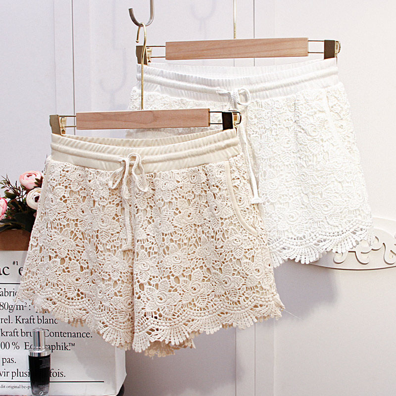 夏季镂空蕾丝侧口袋打底短裤女外穿保险裤三分裤沙滩度假休闲裤子