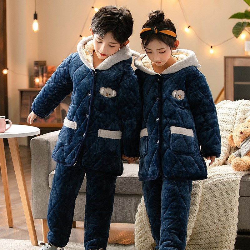 男童儿童睡衣冬天加绒加厚三层夹棉法兰绒女孩中大童家居服套装