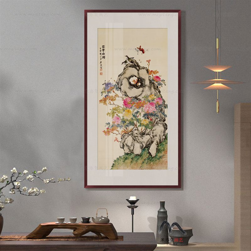 米亦堂x富贵白头图 居廉新中式日式牡丹花鸟国画客厅餐厅玄关挂画