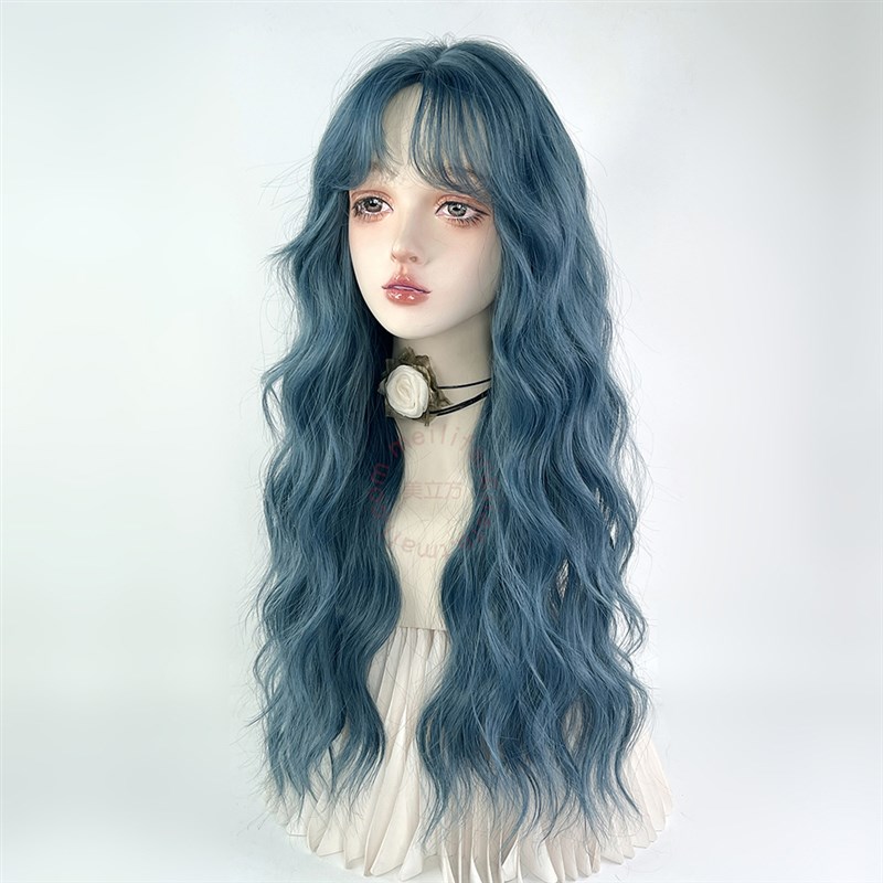 蓝色中分羊毛卷发假发女全头套长卷发大波浪cos彩绿湖蓝色lolita