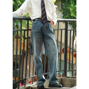 何记港风/靓仔牛仔裤做旧水洗复古直筒高腰休闲长裤男