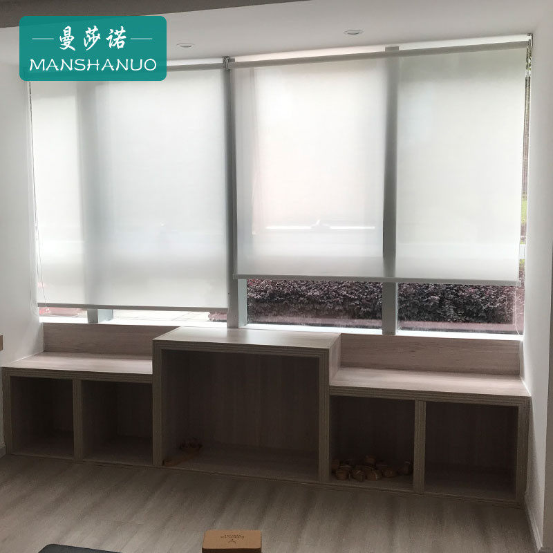 曼莎诺免打孔电动窗帘卷帘隔断透光阳台茶室纱帘升降半遮阳中古风