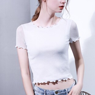 蕾丝上衣 纱衣木耳边亮丝黑色内搭短款 露肚脐半截网纱打底衫 女短袖