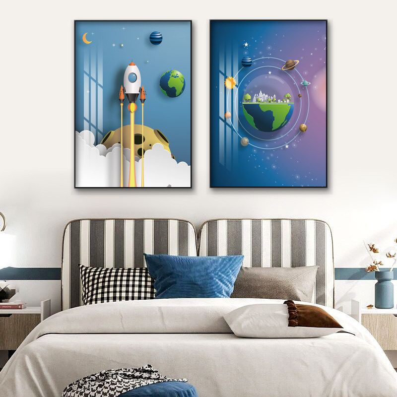 温馨儿童房装饰画创意太空人壁画男女孩卧室牀头背景墙挂画晶瓷画