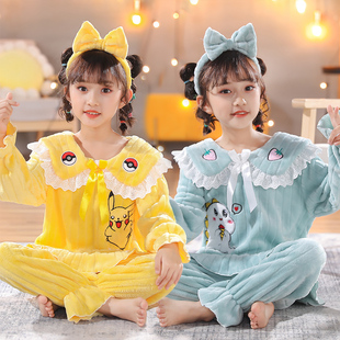 女童法兰绒睡衣加绒加厚女孩珊瑚绒公主家居服儿童中大童秋冬套装