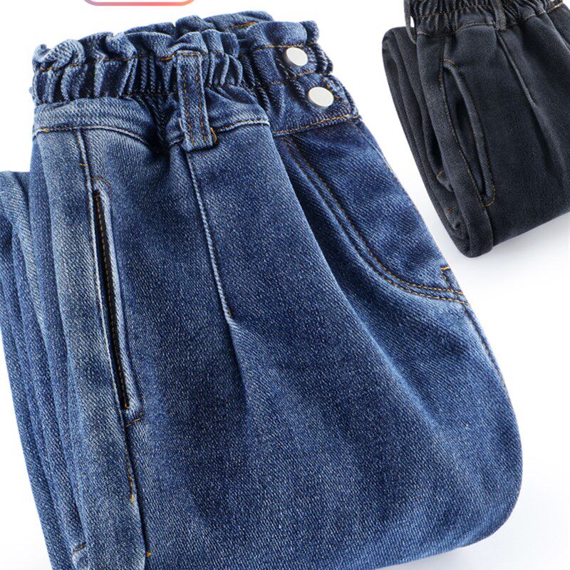 女童加绒牛仔裤加厚冬装长裤新款中大童高腰宽松一体绒儿童老爹裤