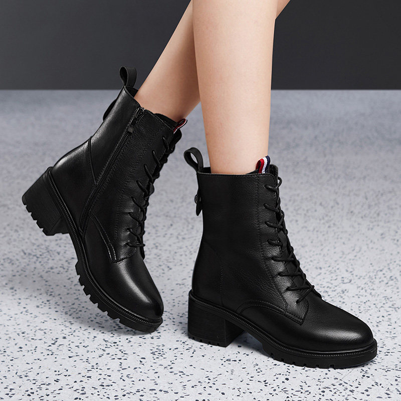 富贵鸟马丁靴女士真皮短靴粗跟马靴2026新款41码秋冬季加绒皮鞋女