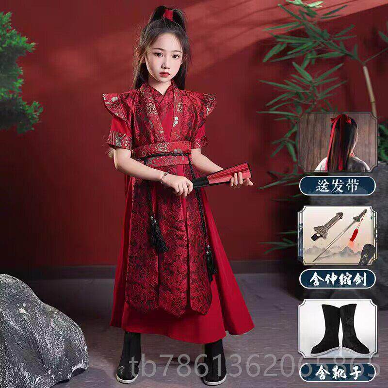 正品女童花木兰汉服春秋古风装走武侠演古服红色儿出童霸秀气服装