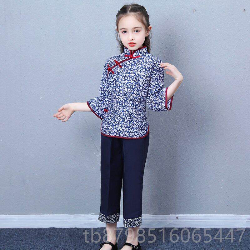 正品村姑演出服装儿女童童采长袖茶小碎花阿庆女嫂花布民族舞蹈乡