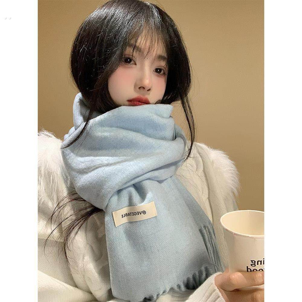 柔软的羊绒蓝色针织围巾女士冬季2025新韩国风格的气氛小而多才多