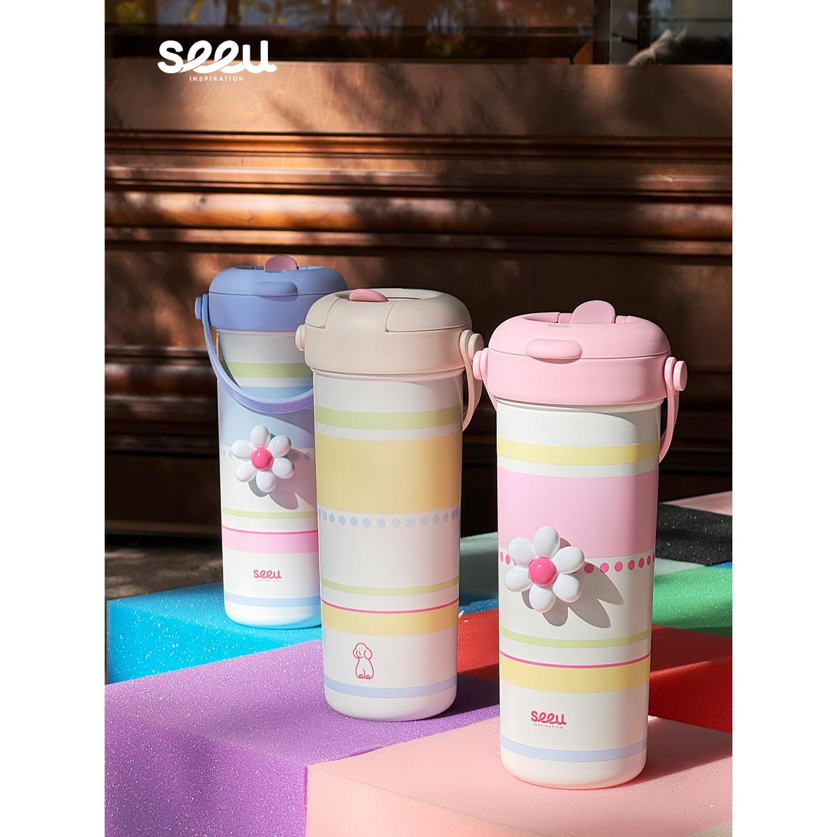seeu千层小花随手杯水杯304不锈钢吸管小狗保温杯带茶漏650ml