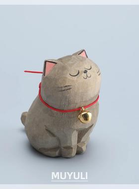 手工木雕蓝猫丨小猫咪办公室工位电脑桌面摆件创意装饰品可爱礼物