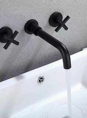 浴室暗装入墙面盆龙头黑色预埋式冷热双把水嵌入式墙排水龙头黄铜