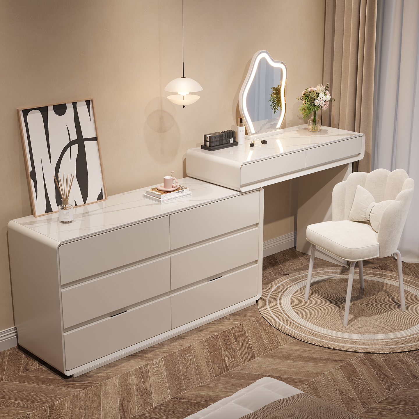 化妆台斗柜一体化妆镜主卧室轻奢高级感意式极简拐角欧式大化妆桌