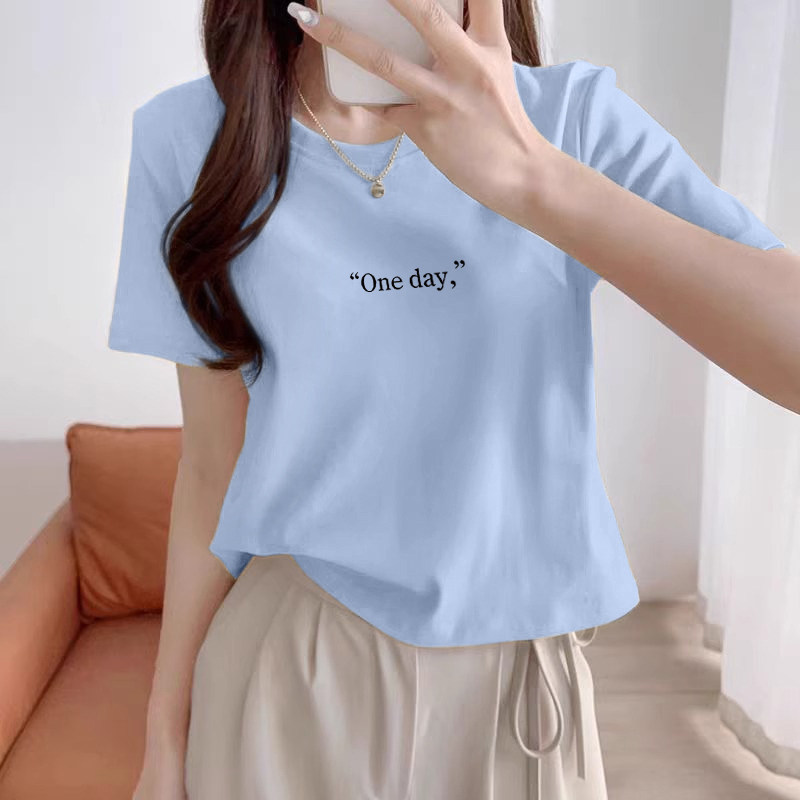 浅蓝色短款t恤女ins2026新款短袖宽松显瘦夏季设计感体恤正肩上衣
